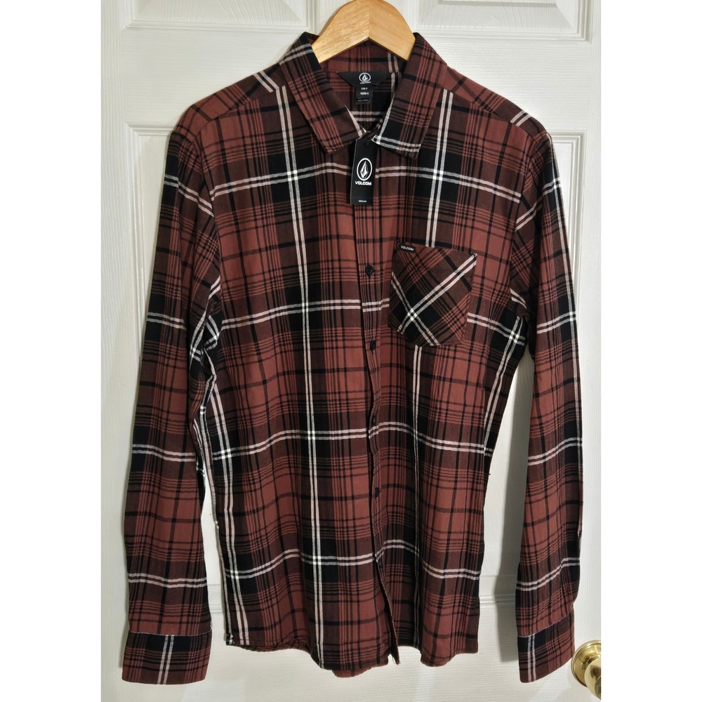 Volcom Loreto Flannel LS Shirt Mens Small Cinnamon Brown Plaid A0502401 NWT